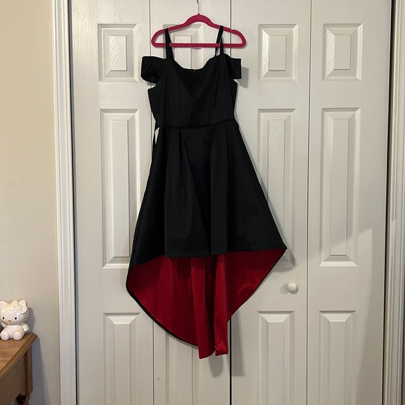 black and red high low dress High Low Red And Black Homecoming Dresses Red Floral Black Floral Ruffle  Dress Sweetheart Floral Print